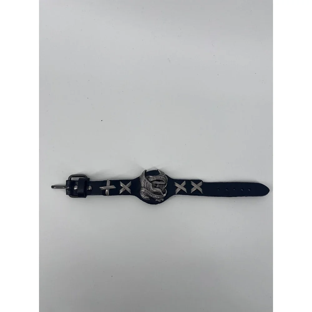 Vintage Biker Leather Cuff Bracelet Live To Ride Eagle Studded Black Silver Tone